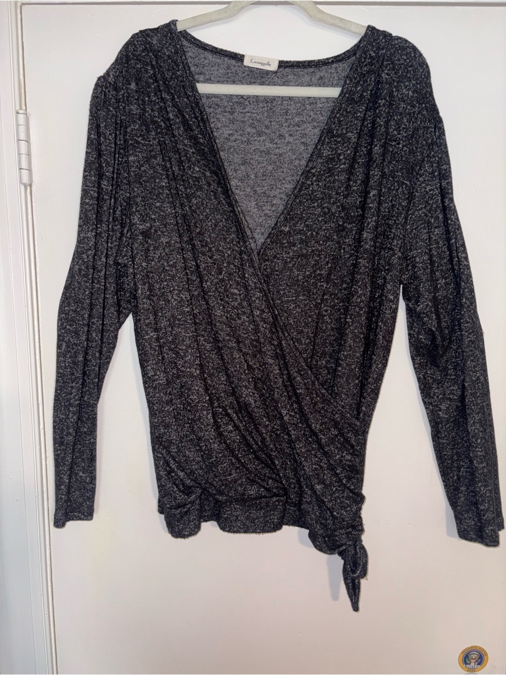Loveappella Black Heather Wrap Tie Long Sleeve Top